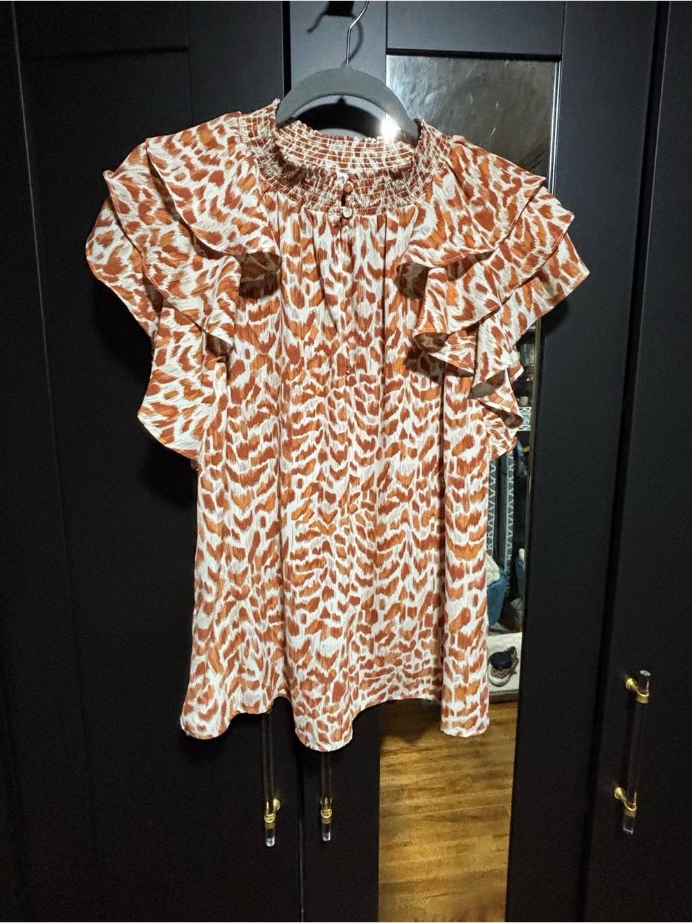 DR2 Rust and White Ruffled Animal-Print Blouse
